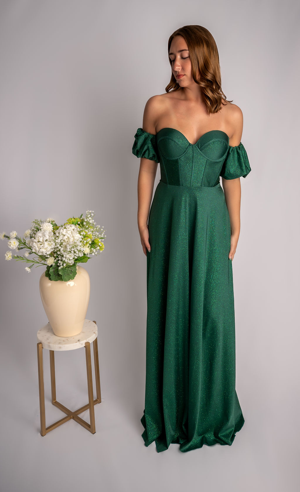 Glittery A-Line Strapless Sweetheart Detached Prom Dress With Puff Sleeves #CL028