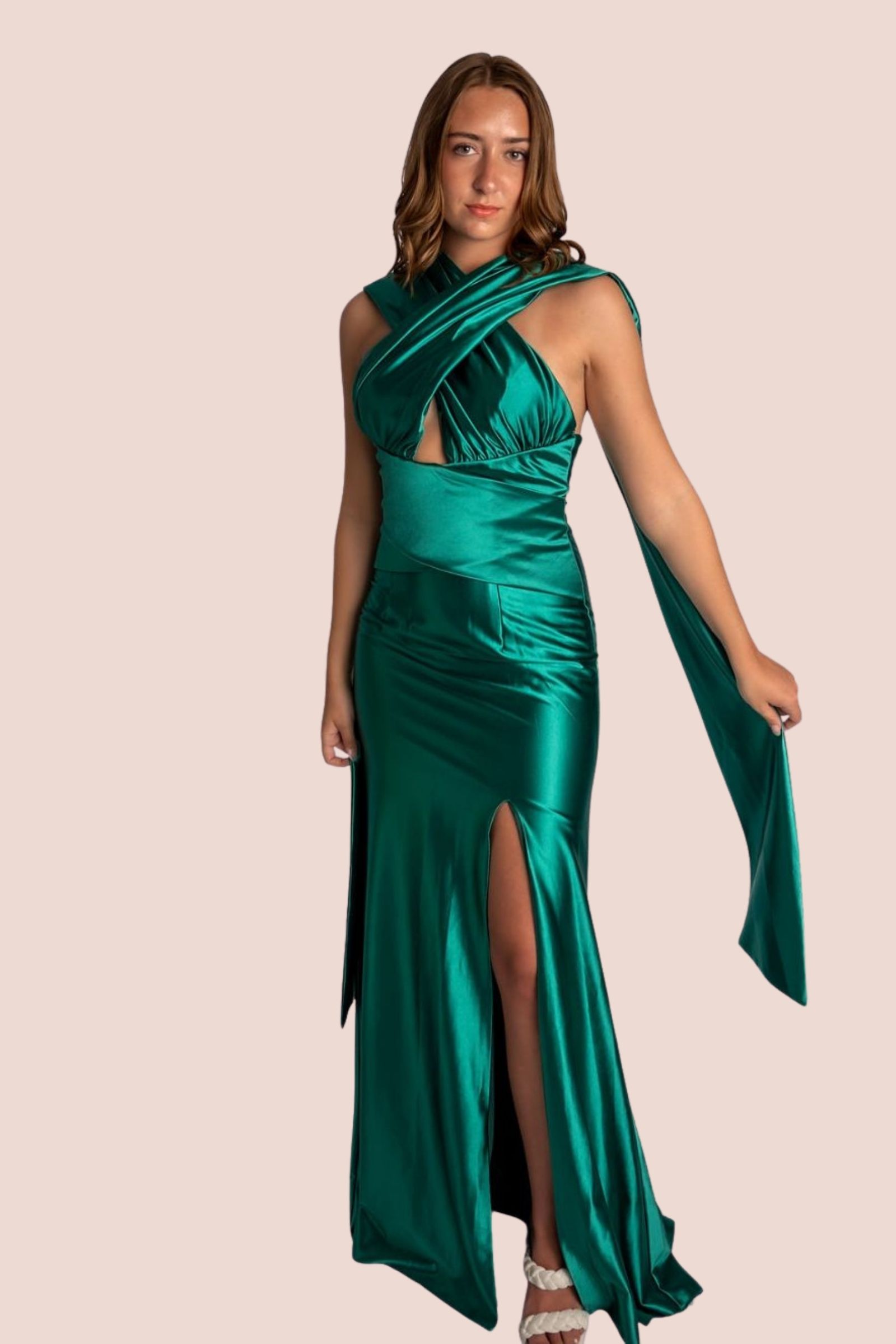 Sheath Satin Wrapped Highneck Prom Dress With Slit #CL029