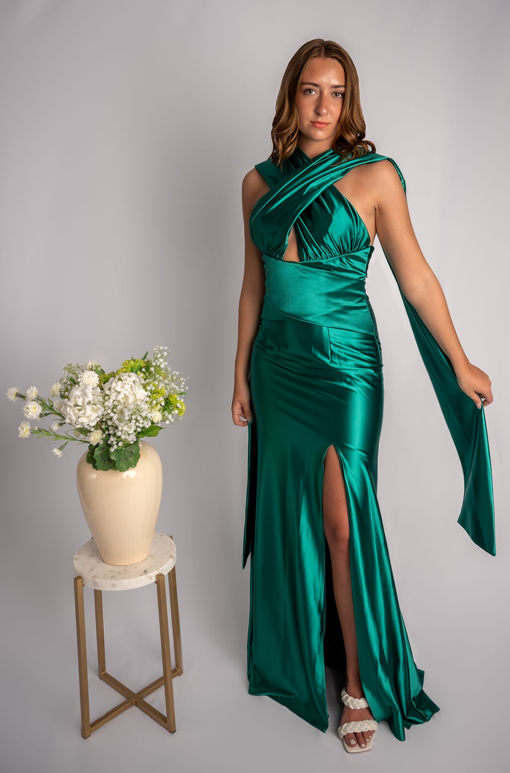 Sheath Satin Wrapped Highneck Prom Dress With Slit #CL029