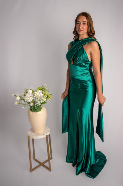 Sheath Satin Wrapped Highneck Prom Dress With Slit #CL029