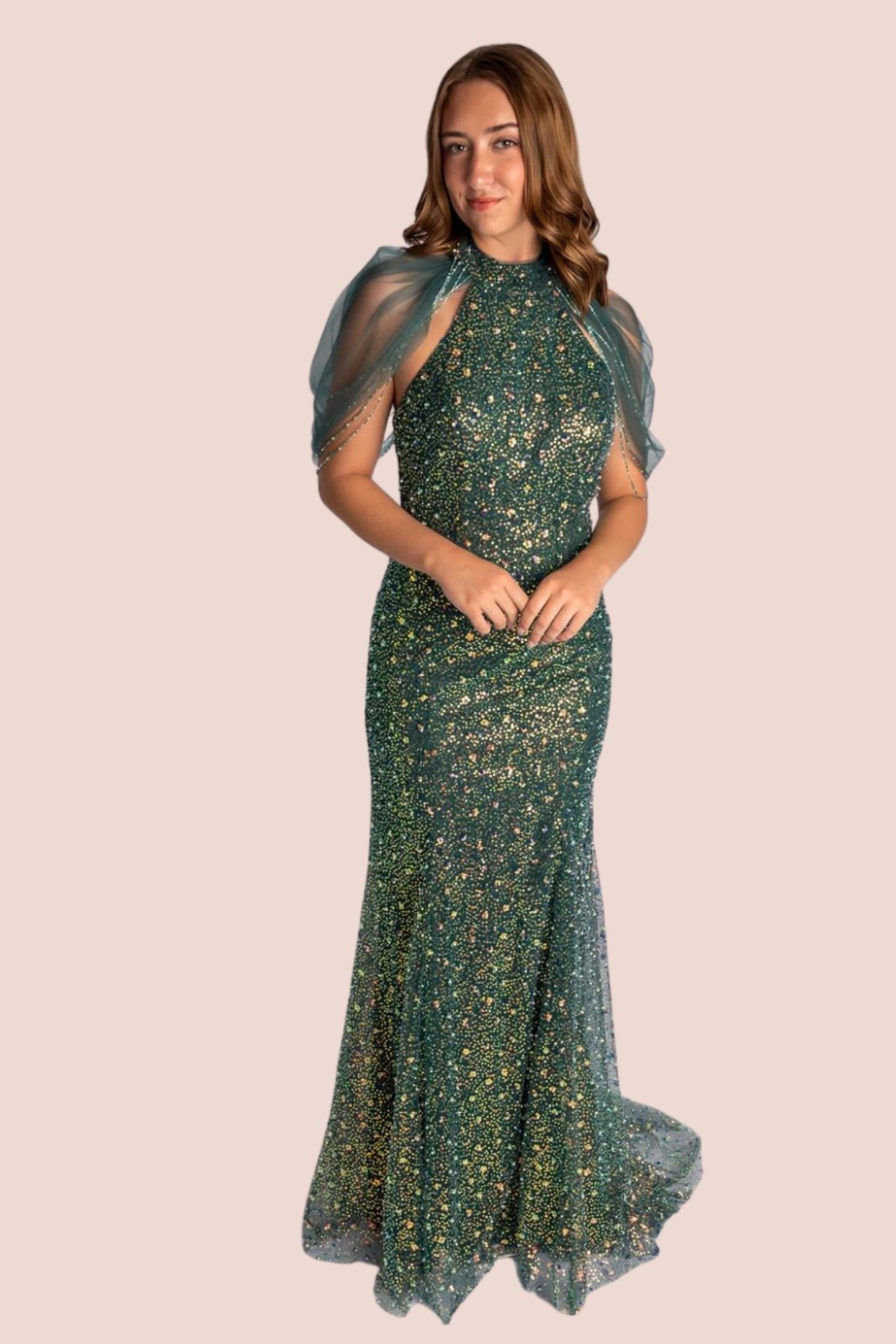 Sheath High Neck Beaded Prom Dress With Mesh Draping Over Shoulders #CL030