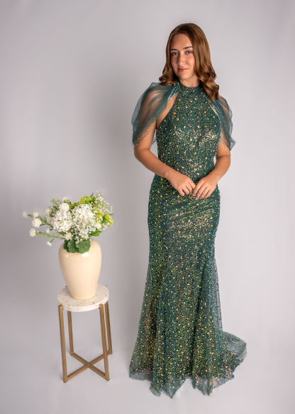 Sheath High Neck Beaded Prom Dress With Mesh Draping Over Shoulders #CL030