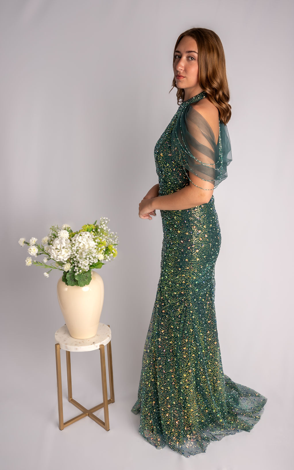 Sheath High Neck Beaded Prom Dress With Mesh Draping Over Shoulders #CL030