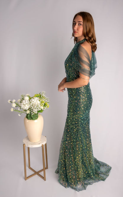 Sheath High Neck Beaded Prom Dress With Mesh Draping Over Shoulders #CL030