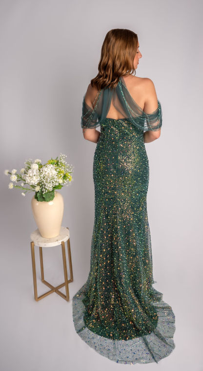 Sheath High Neck Beaded Prom Dress With Mesh Draping Over Shoulders #CL030