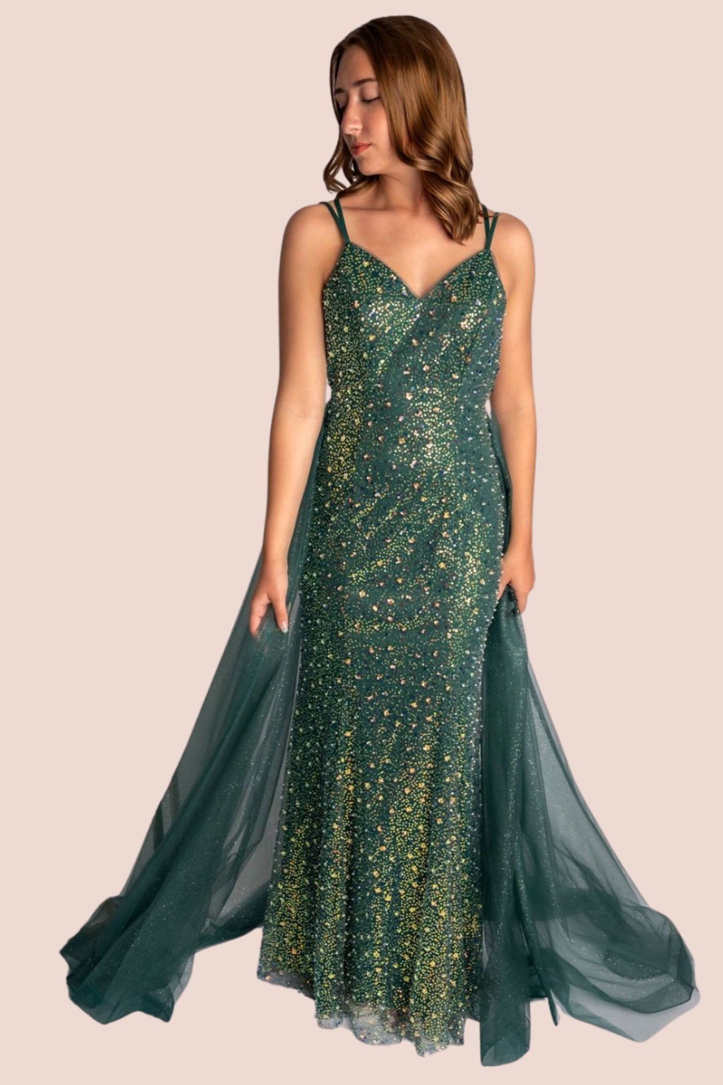 Sheath V-Neck Beaded Prom Dress With Mesh Triangle Bust #CL031