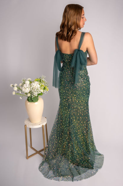 Sheath V-Neck Straps Prom Dress With Triangle Bust And Slit #CL032