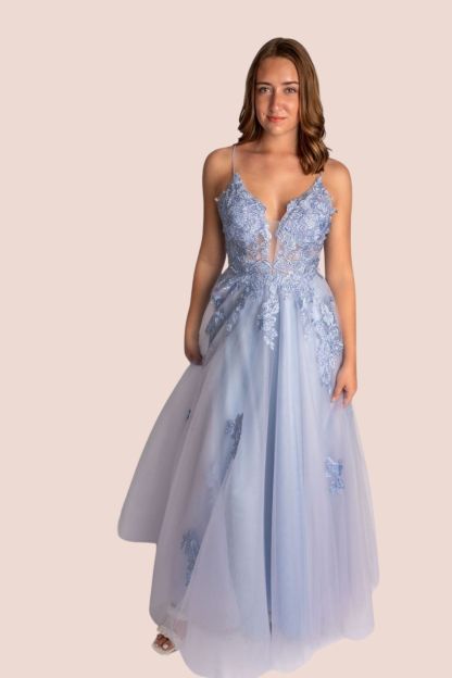 A-Line Deep V Plunge Spagetti Straps Prom Dress With Lace Bodice  #CL034