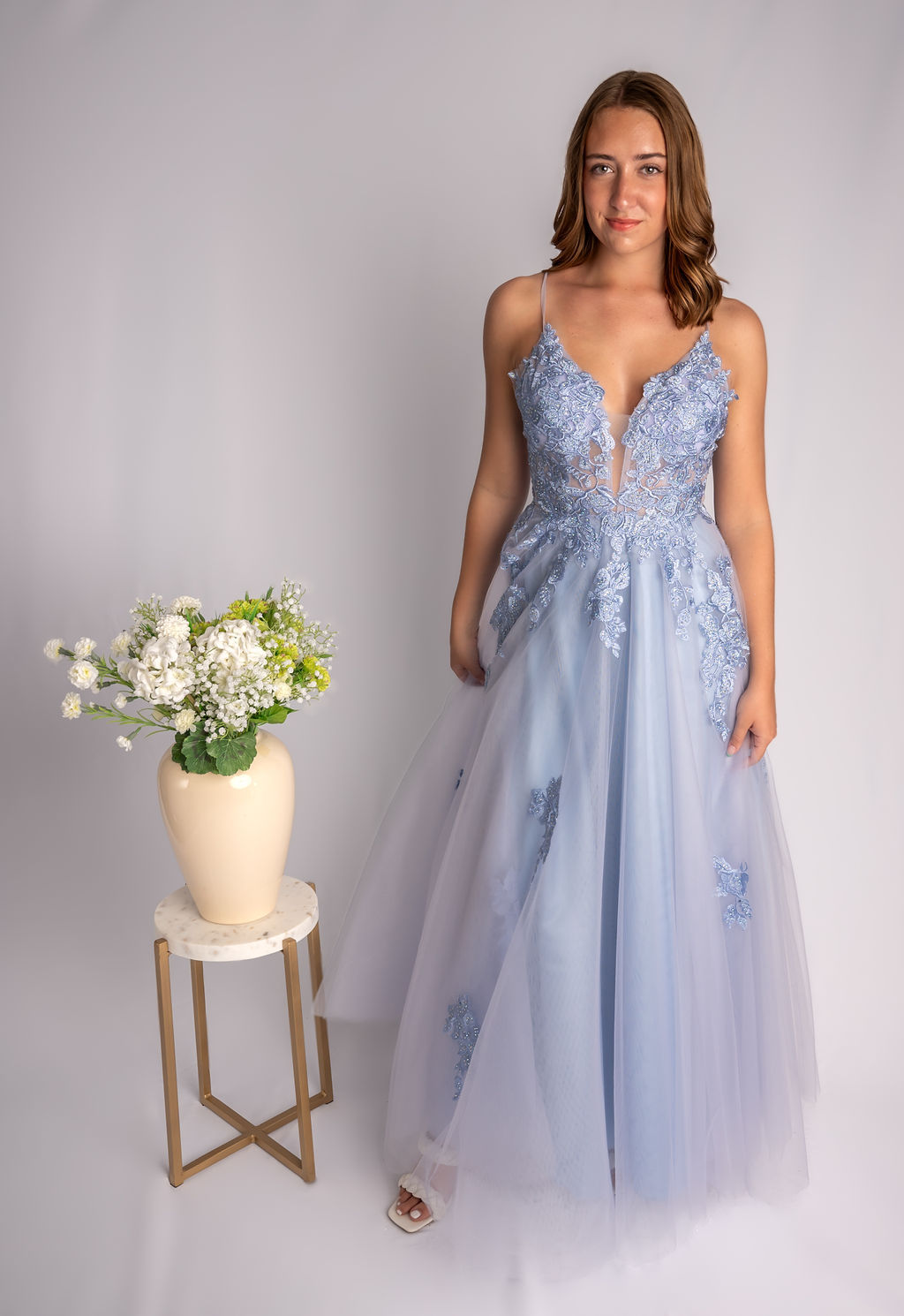 A-Line Deep V Plunge Spagetti Straps Prom Dress With Lace Bodice  #CL034