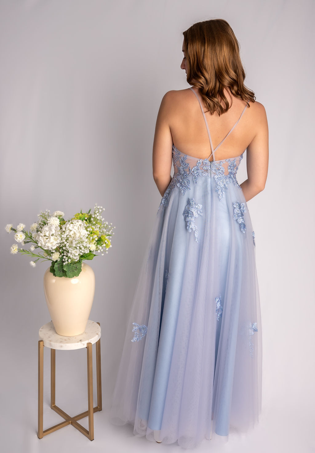 A-Line Deep V Plunge Spagetti Straps Prom Dress With Lace Bodice  #CL034