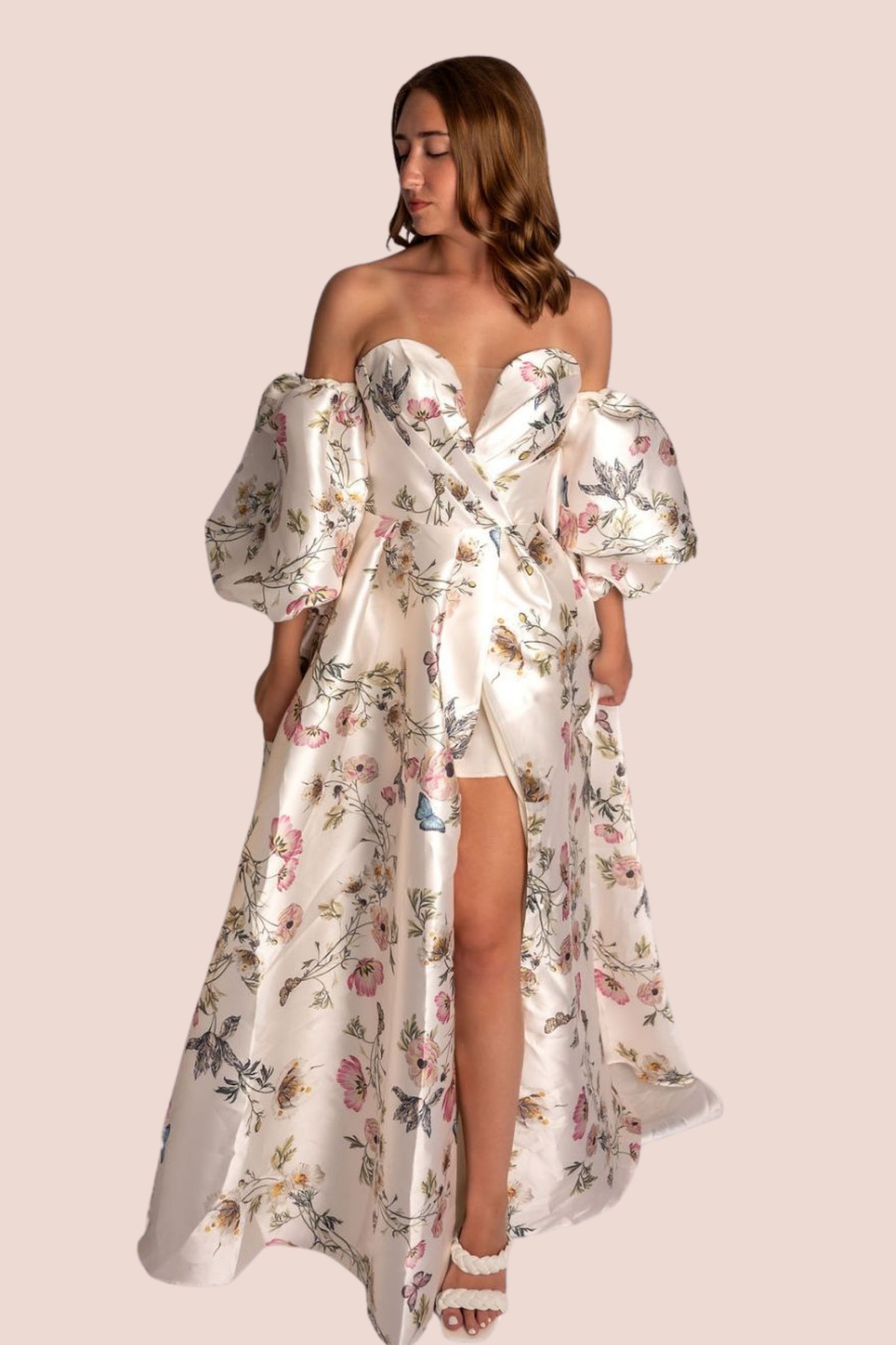 A-Line Satin Floral V Plunge Sweetheart Prom Dress With High Slit  #CL035