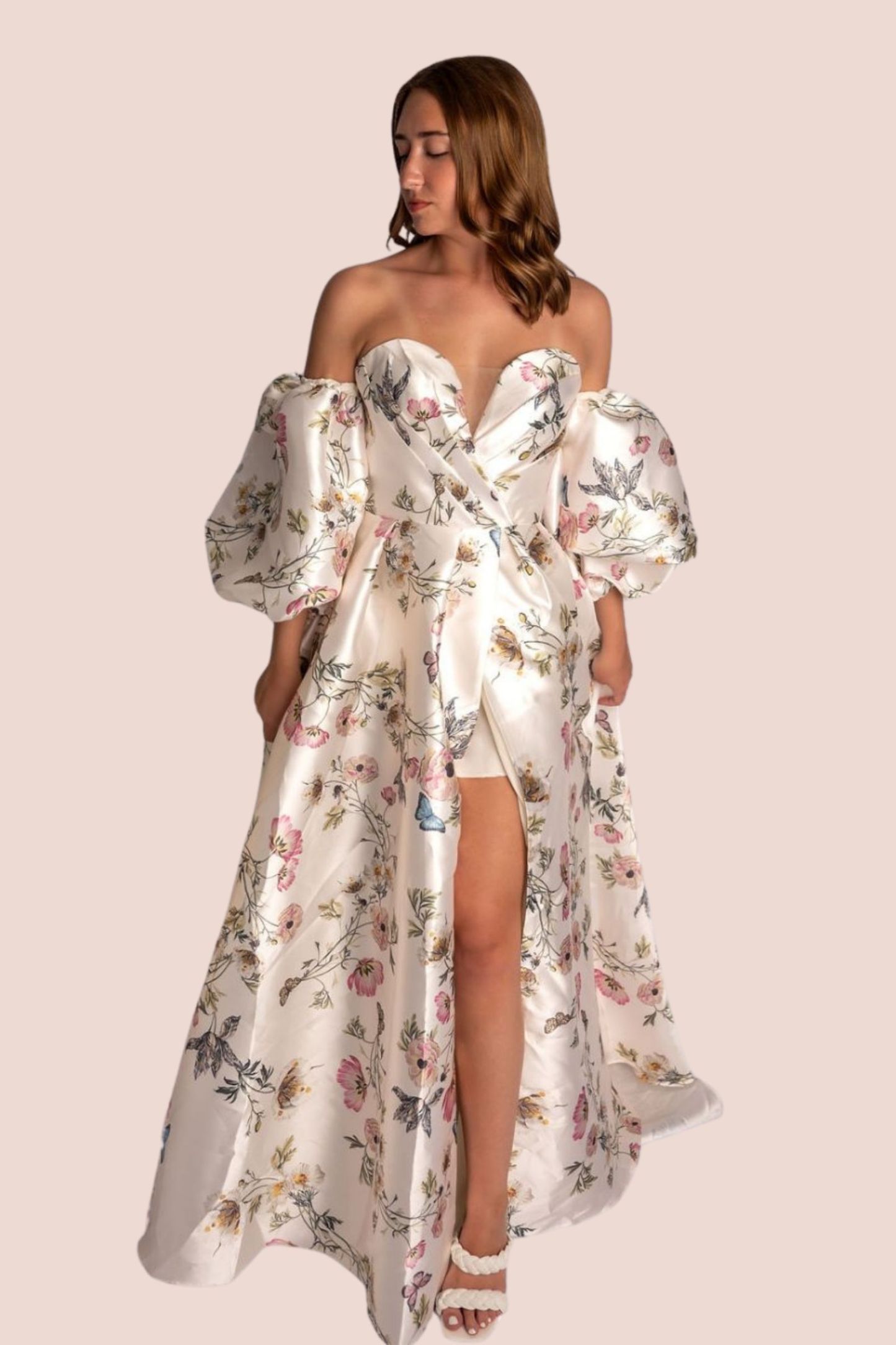 A-Line Satin Floral V Plunge Sweetheart Prom Dress With High Slit  #CL035