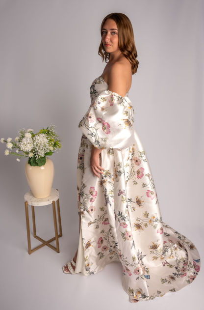 A-Line Satin Floral V Plunge Sweetheart Prom Dress With High Slit  #CL035