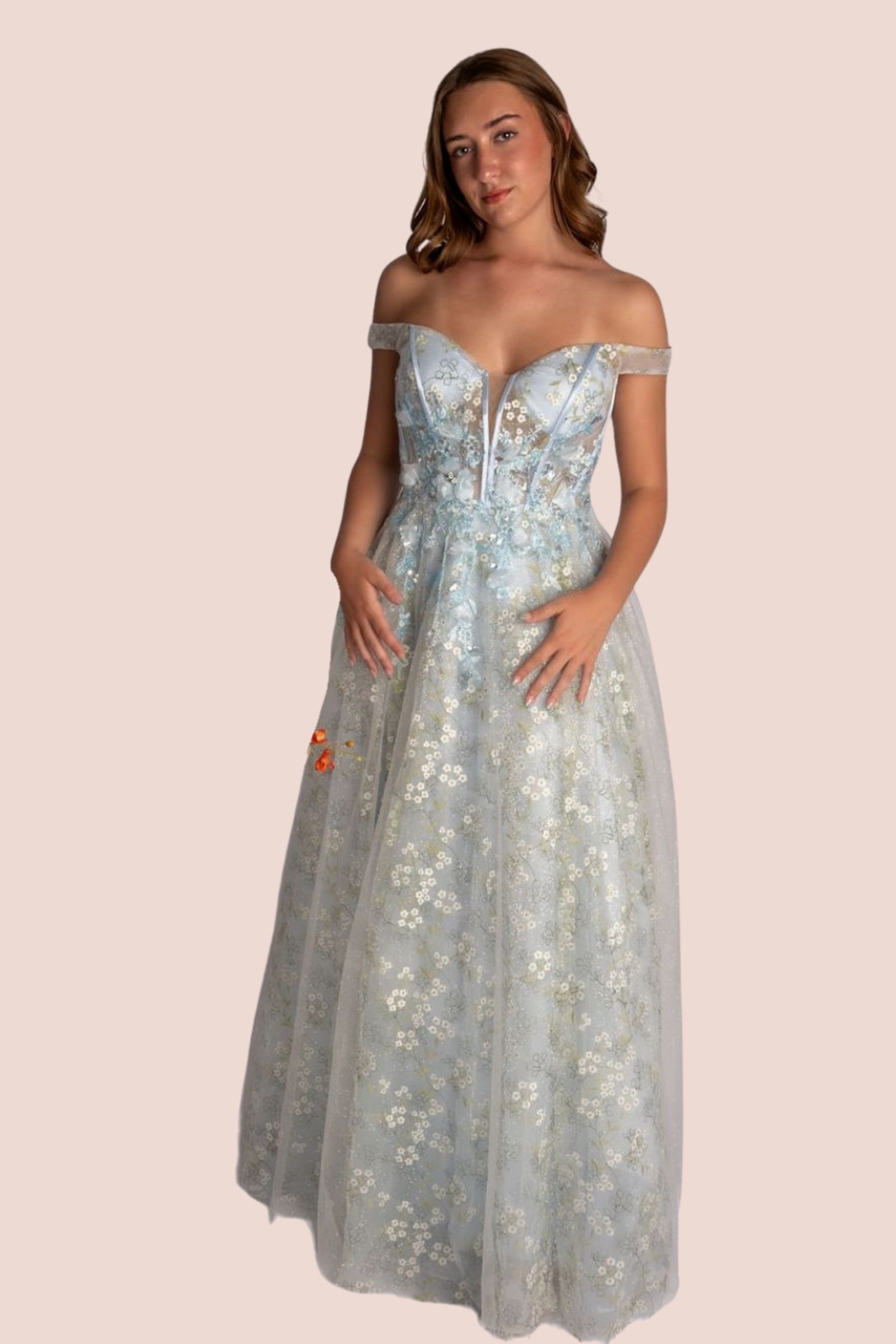 A-Line Satin Floral Deep V Plunge Off Shoulder Straps Prom Dress