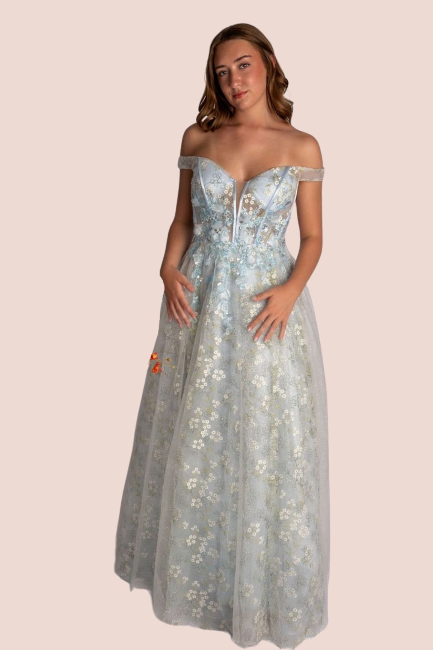 A-Line Satin Floral Deep V Plunge Off Shoulder Straps Prom Dress