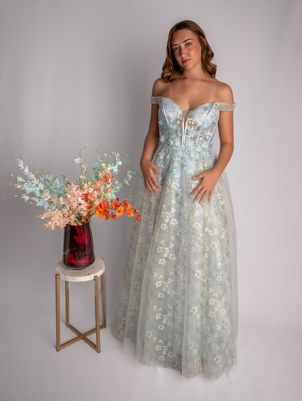A-Line Satin Floral Deep V Plunge Off Shoulder Straps Prom Dress #CL036