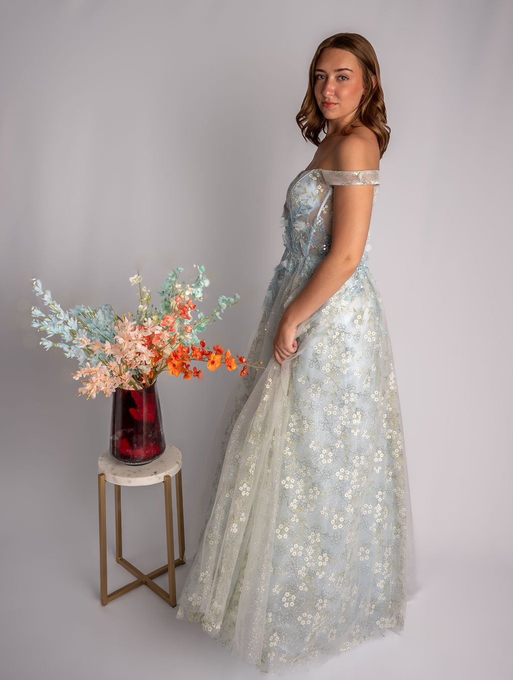 A-Line Satin Floral Deep V Plunge Off Shoulder Straps Prom Dress #CL036