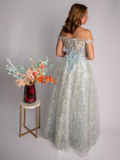 A-Line Satin Floral Deep V Plunge Off Shoulder Straps Prom Dress #CL036