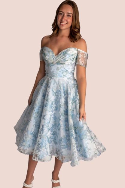 A-Line Satin Floral Deep V Plunge Off Shoulder Straps Prom Dress