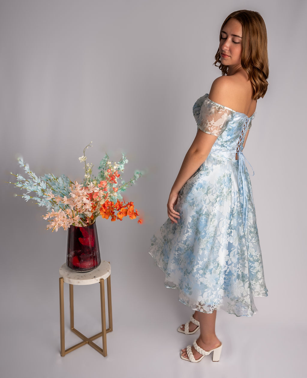 A-Line Midi Floral Sweetheart Off Shoulder Mesh Sleeves Prom Dress #CL037