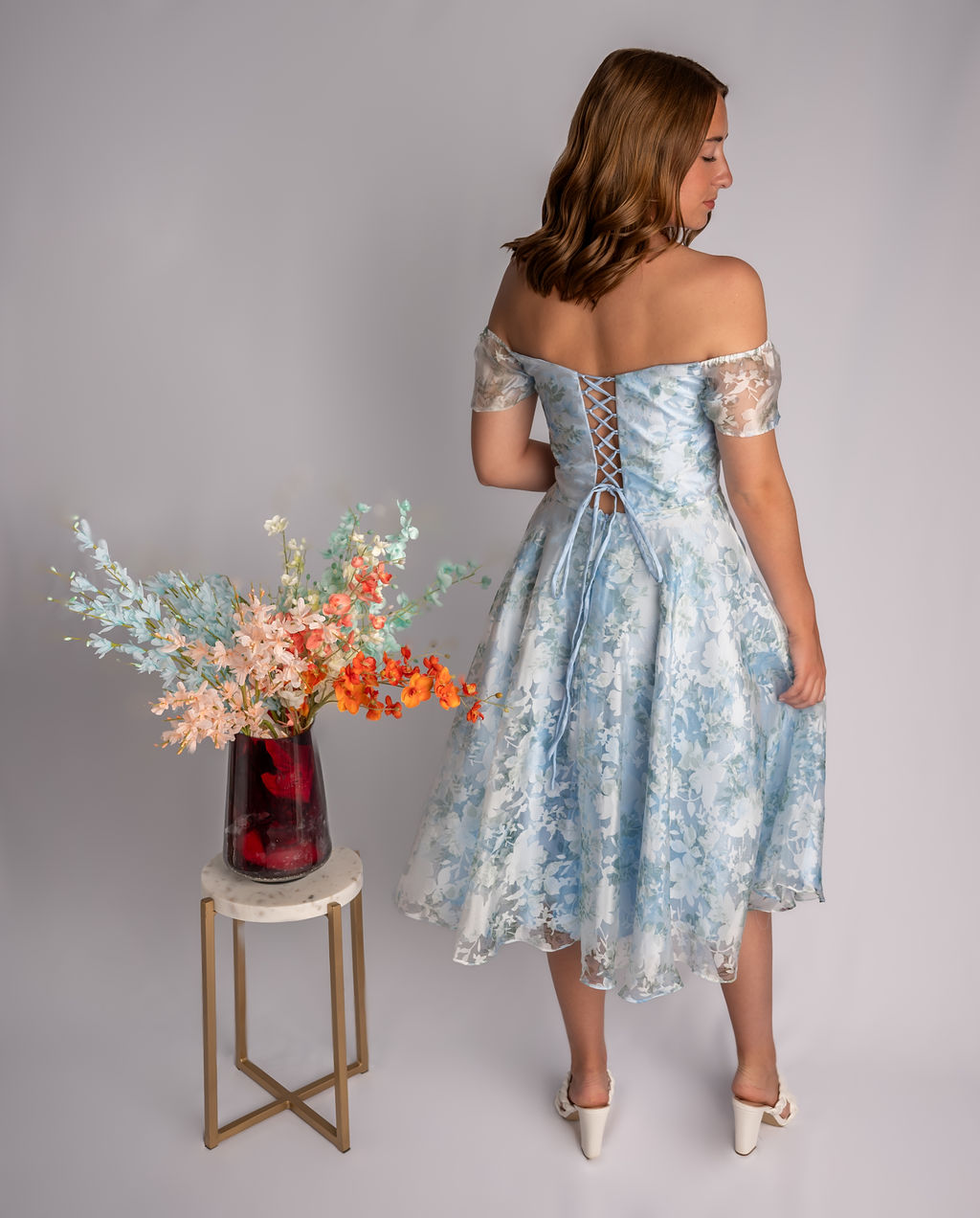 A-Line Midi Floral Sweetheart Off Shoulder Mesh Sleeves Prom Dress #CL037