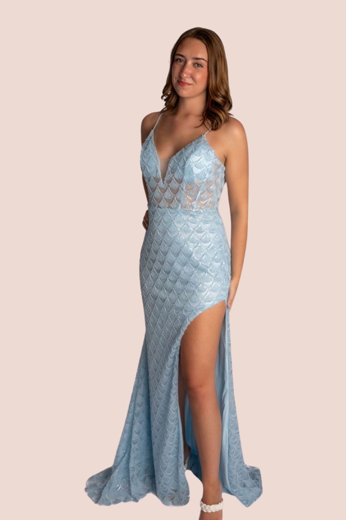 Sheath Mesh Corset Bodice Prom Dress With Cutout Slit #CL038