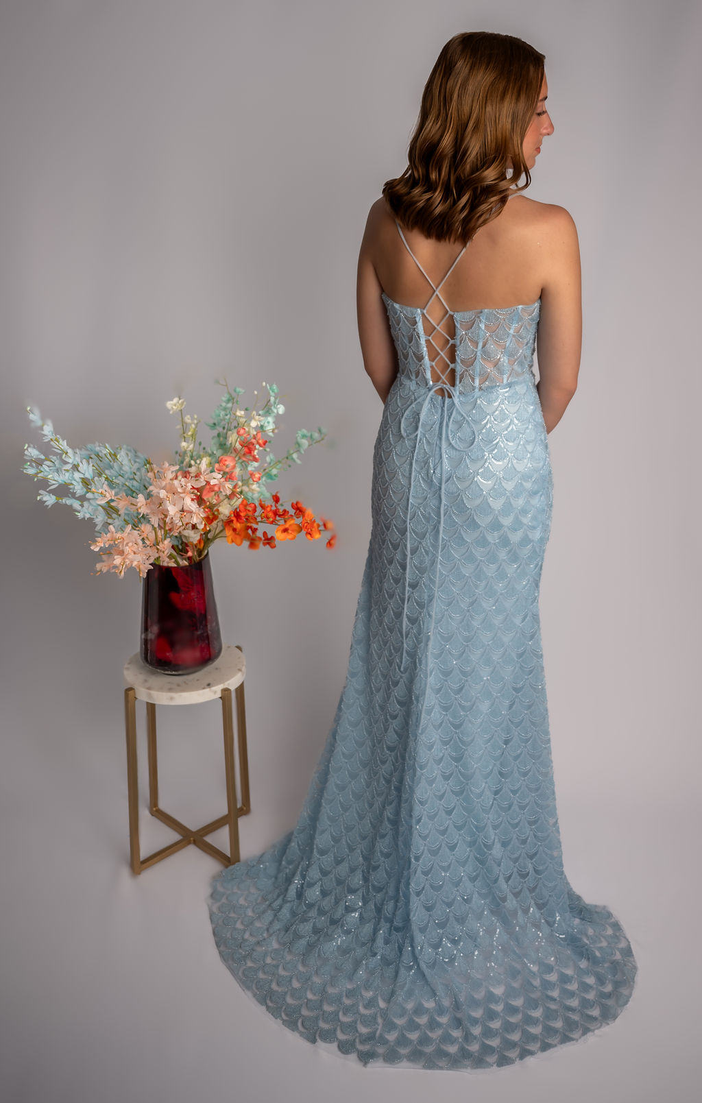 Sheath Mesh Corset Bodice Prom Dress With Cutout Slit #CL038