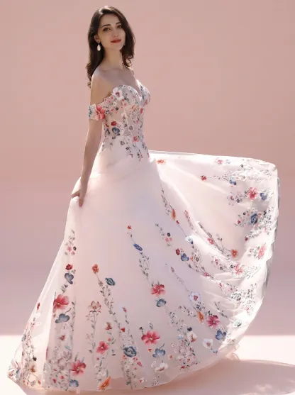 Couture Lee Colorful Lace Wedding Dress With Off-Shoulder Sleeves– Blush Pink Elegant Bridal Gown