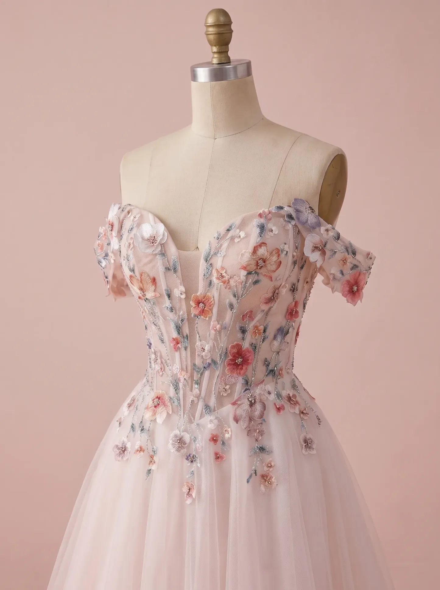 Couture Lee Colorful Lace Wedding Dress With Off-Shoulder Sleeves– Blush Pink Elegant Bridal Gown
