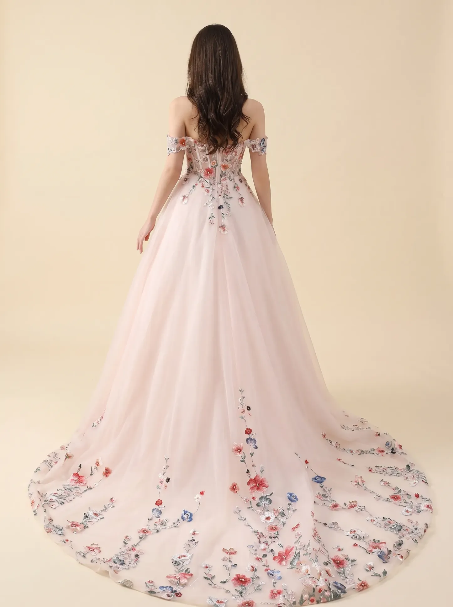 Couture Lee Colorful Lace Wedding Dress With Off-Shoulder Sleeves– Blush Pink Elegant Bridal Gown