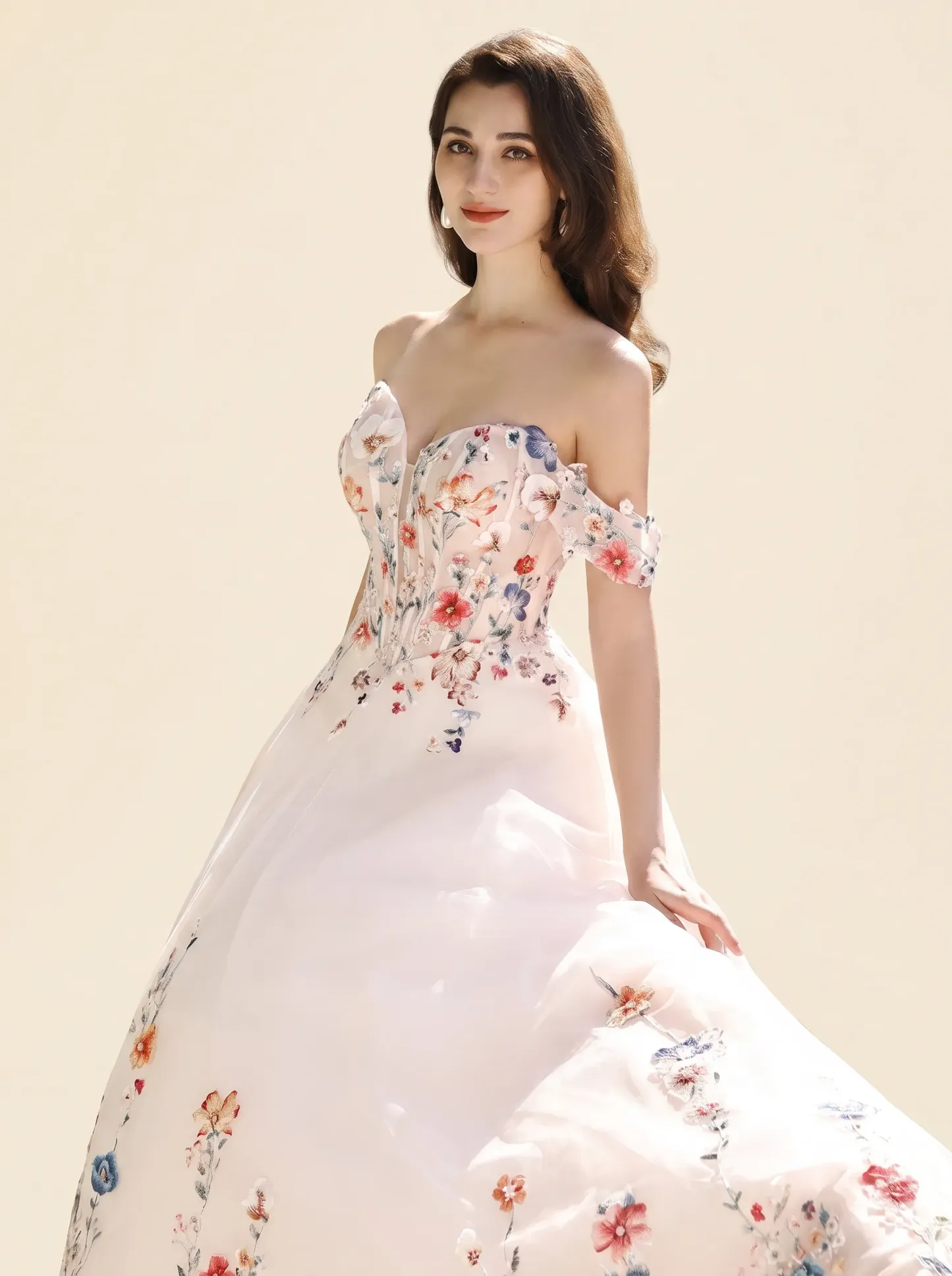 Couture Lee Colorful Lace Wedding Dress With Off-Shoulder Sleeves– Blush Pink Elegant Bridal Gown