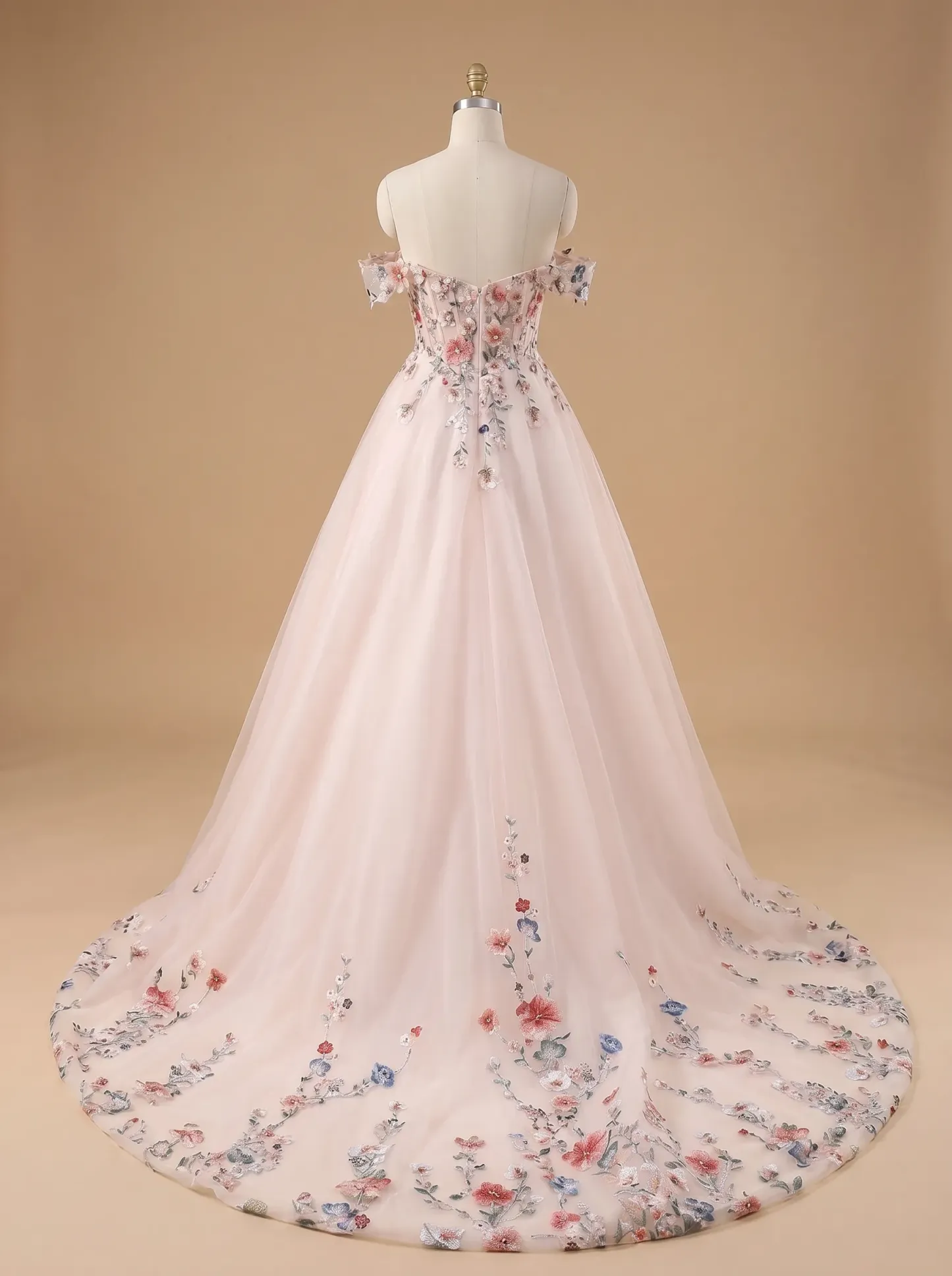 Couture Lee Colorful Lace Wedding Dress With Off-Shoulder Sleeves– Blush Pink Elegant Bridal Gown