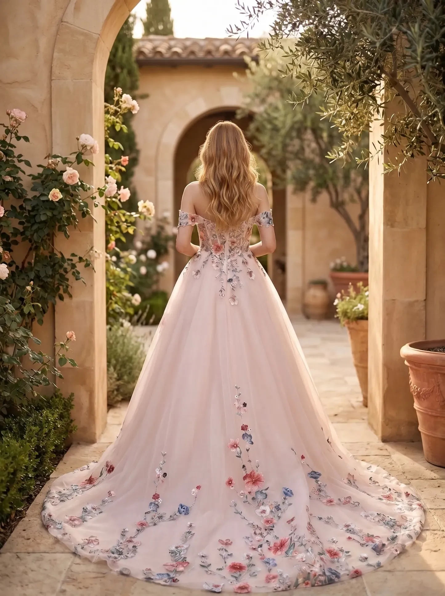 Couture Lee Colorful Lace Wedding Dress With Off-Shoulder Sleeves– Blush Pink Elegant Bridal Gown