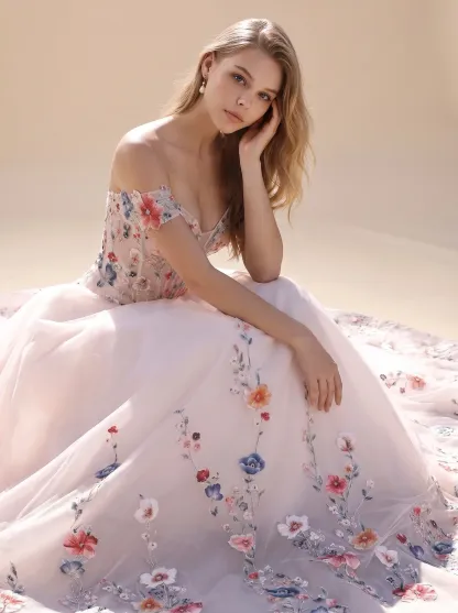 Couture Lee Colorful Lace Wedding Dress With Off-Shoulder Sleeves– Blush Pink Elegant Bridal Gown