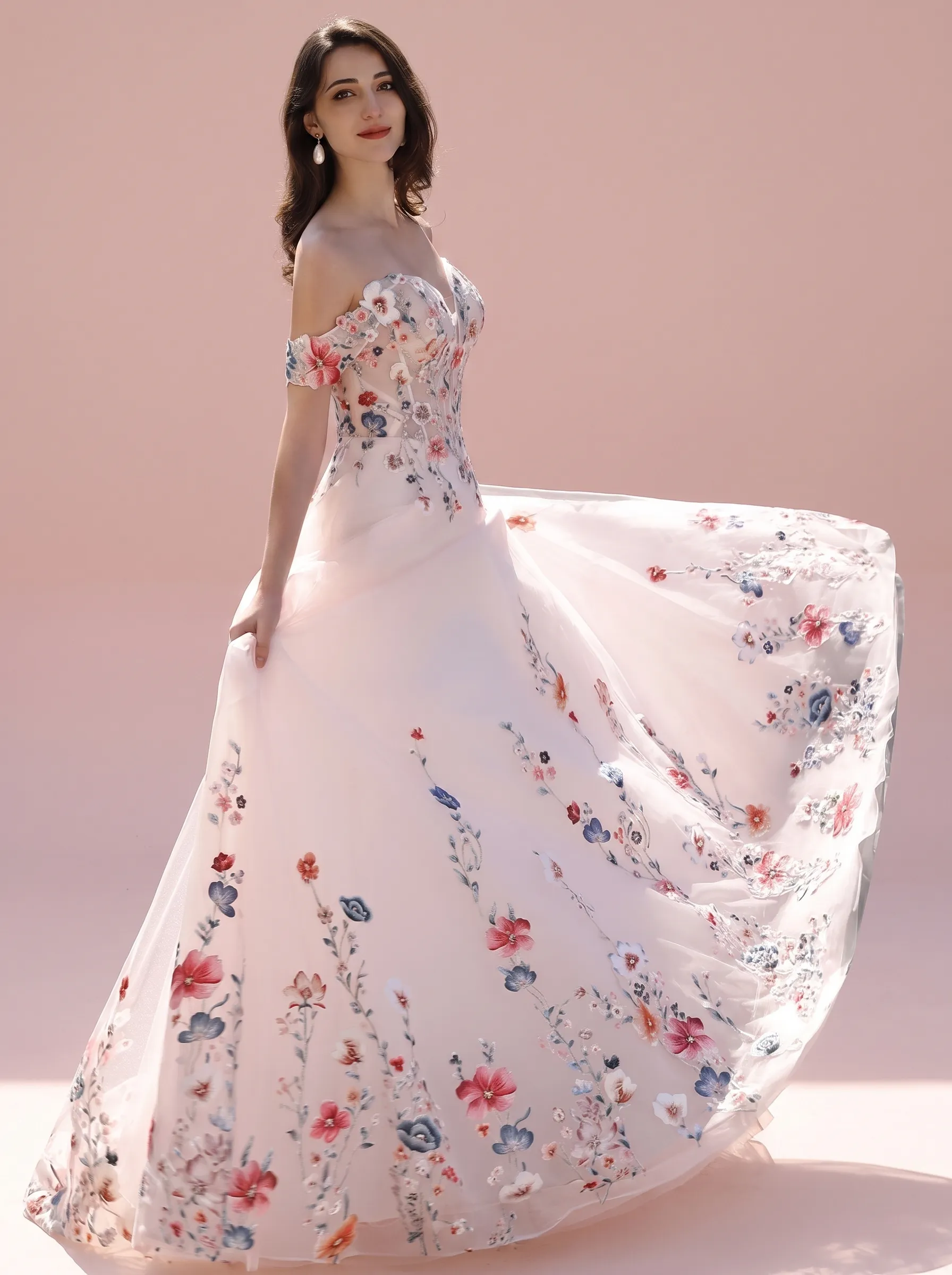 Couture Lee Colorful Lace Wedding Dress With Off-Shoulder Sleeves– Blush Pink Elegant Bridal Gown