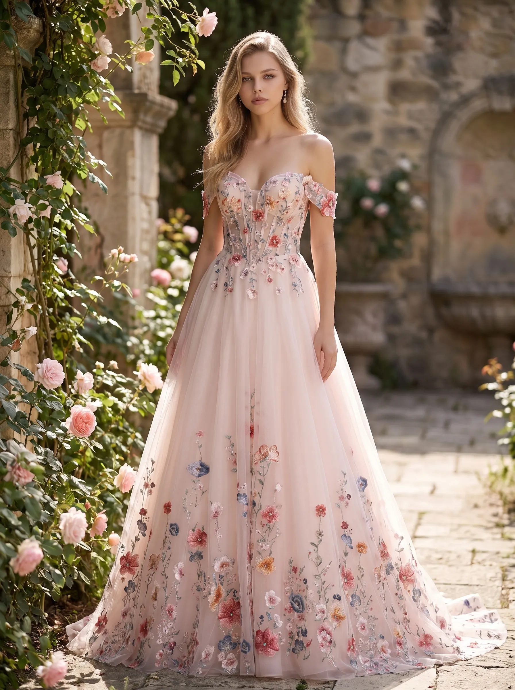 Couture Lee Colorful Lace Wedding Dress With Off-Shoulder Sleeves– Blush Pink Elegant Bridal Gown
