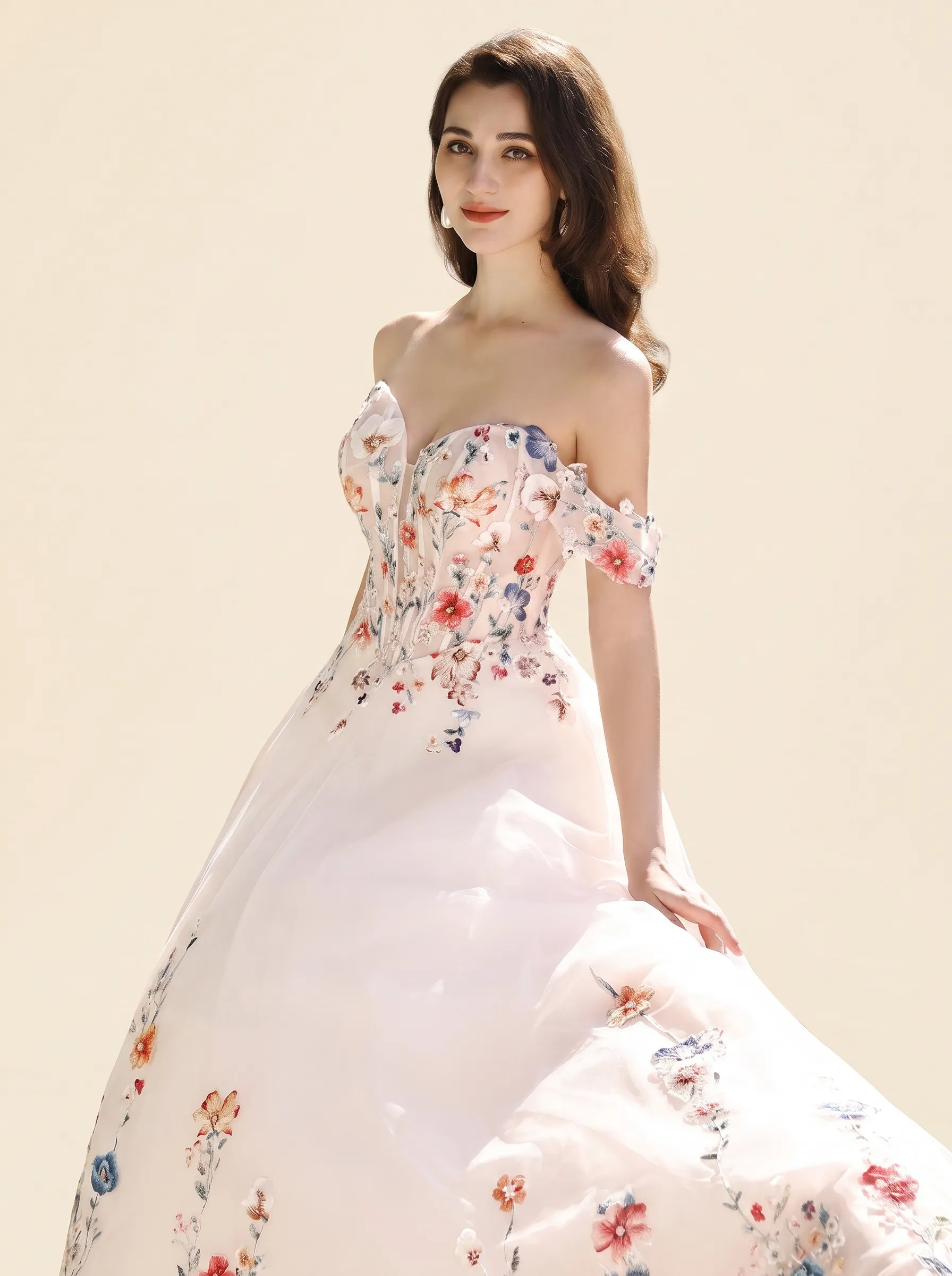 Couture Lee Colorful Lace Wedding Dress With Off-Shoulder Sleeves– Blush Pink Elegant Bridal Gown