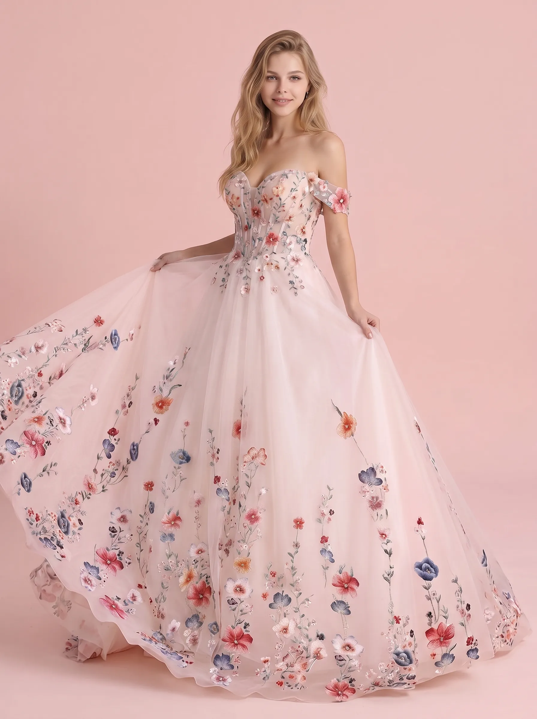 Couture Lee Colorful Lace Wedding Dress With Off-Shoulder Sleeves– Blush Pink Elegant Bridal Gown