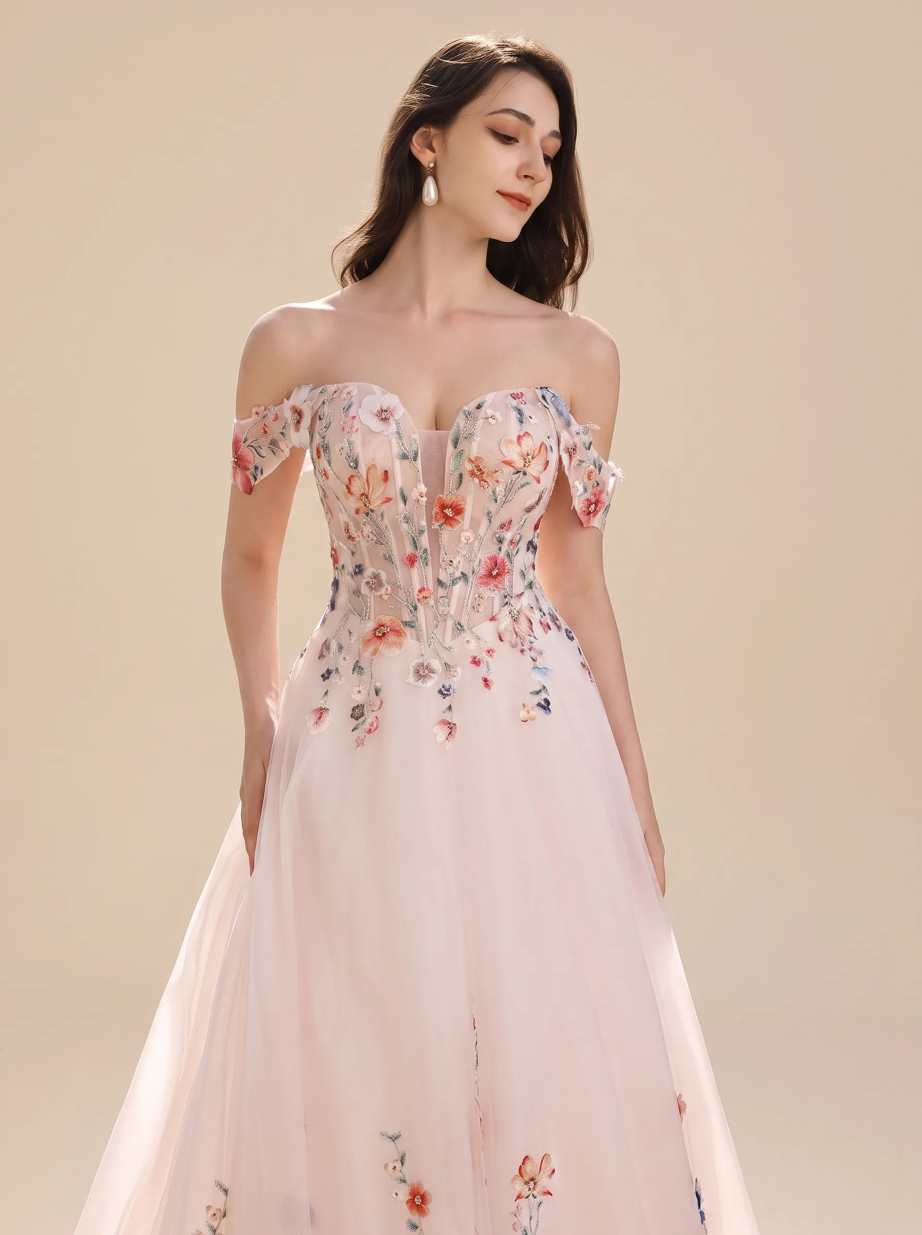 Couture Lee Colorful Lace Wedding Dress With Off-Shoulder Sleeves– Blush Pink Elegant Bridal Gown