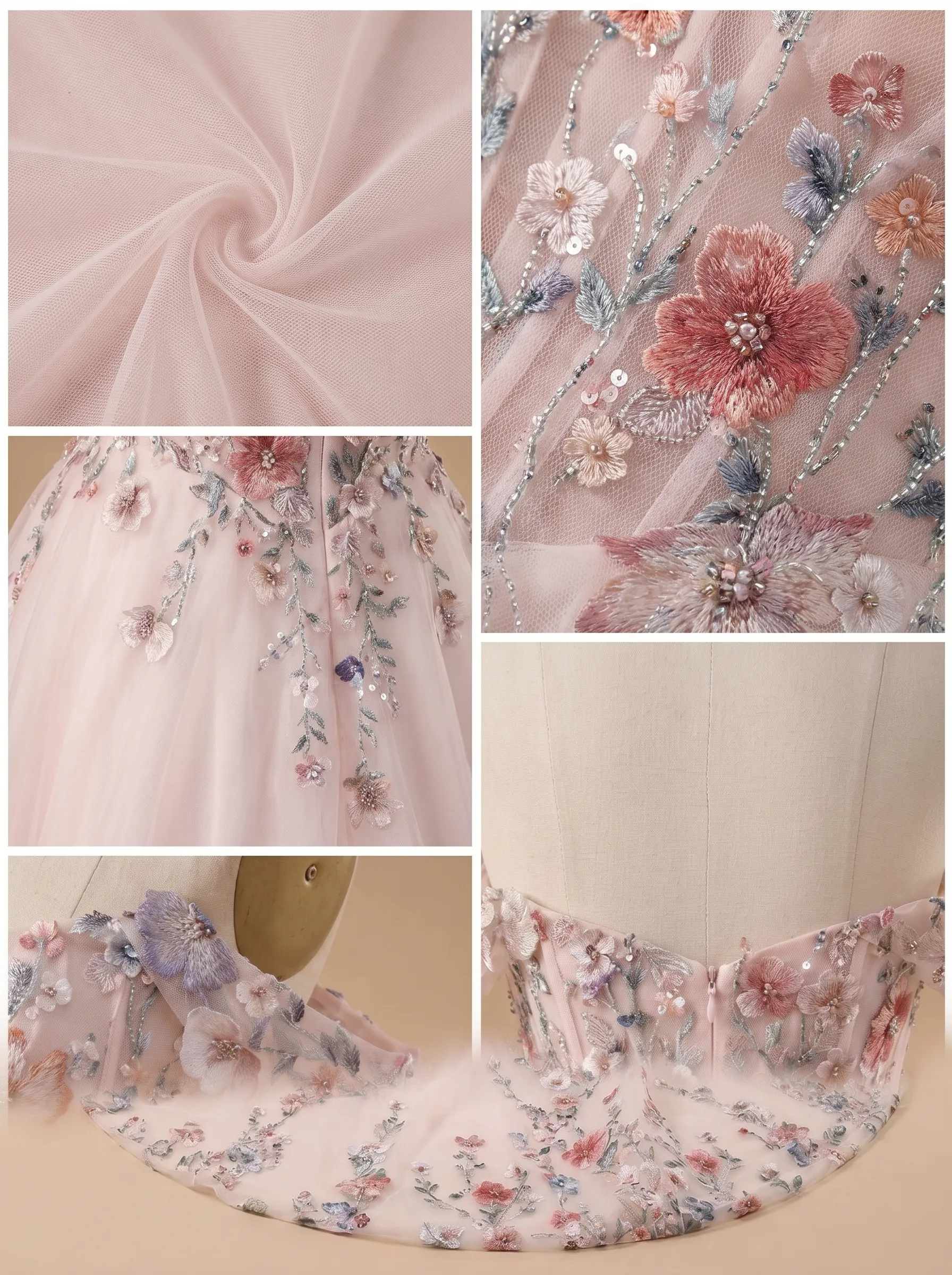 Couture Lee Colorful Lace Wedding Dress With Off-Shoulder Sleeves– Blush Pink Elegant Bridal Gown