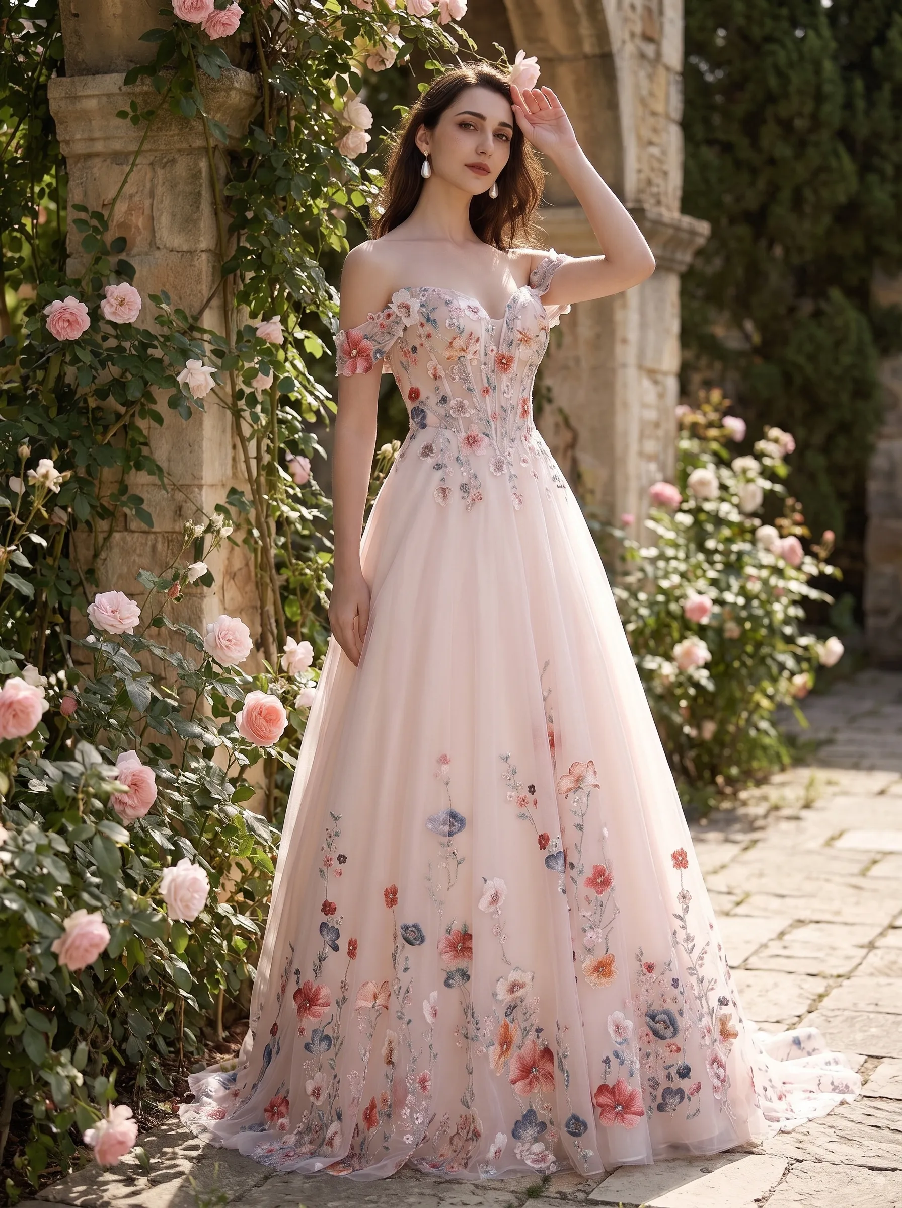 Couture Lee Colorful Lace Wedding Dress With Off-Shoulder Sleeves– Blush Pink Elegant Bridal Gown