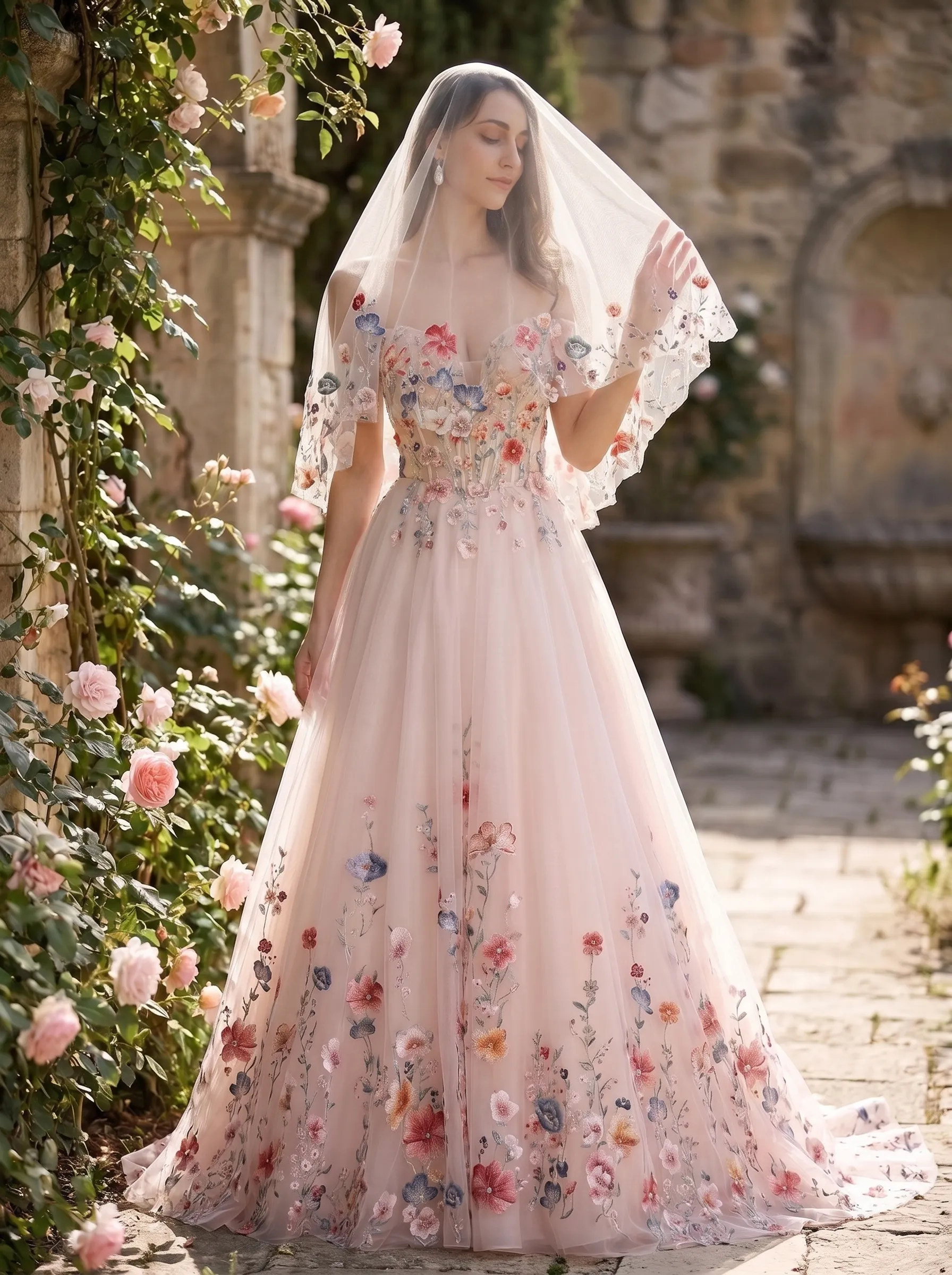 Couture Lee Colorful Lace Wedding Dress With Off-Shoulder Sleeves– Blush Pink Elegant Bridal Gown