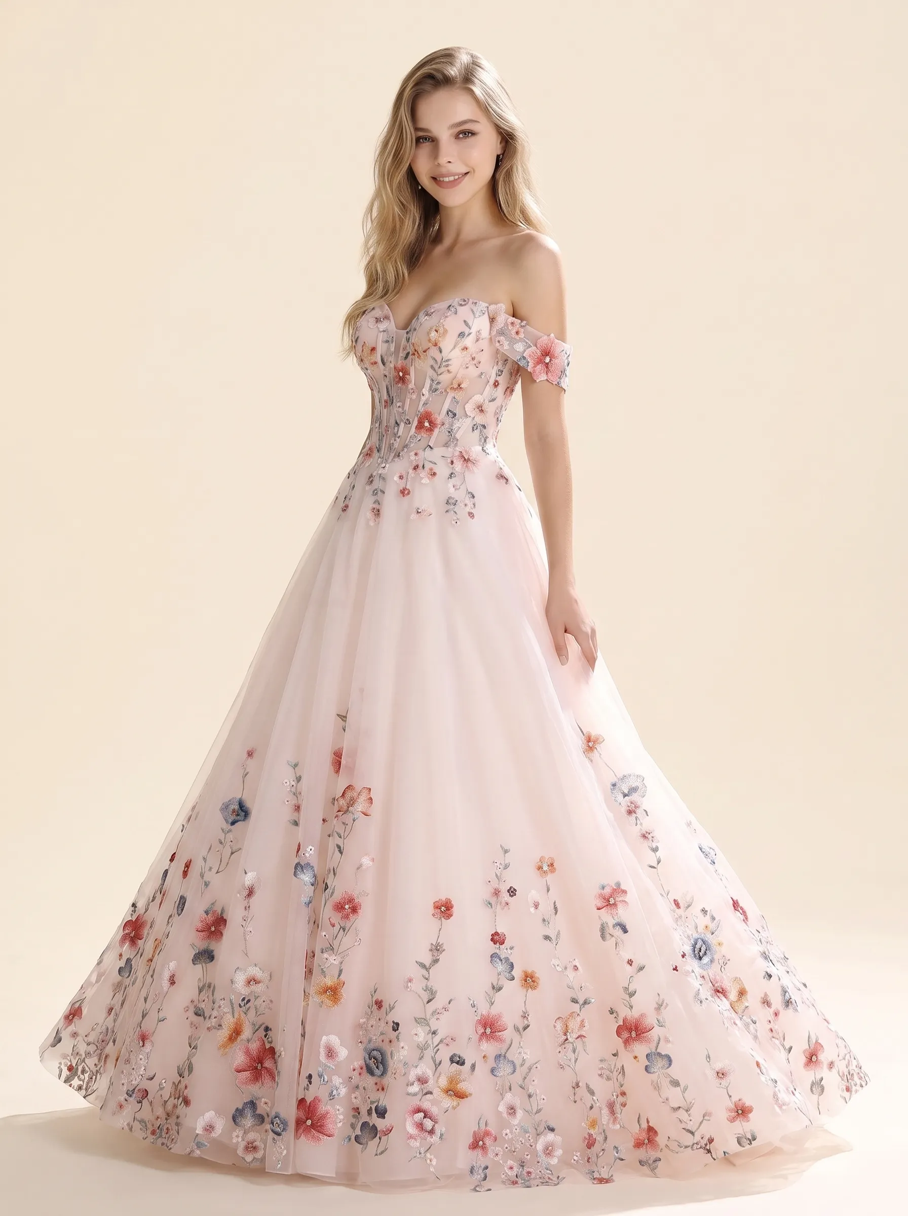 Couture Lee Colorful Lace Wedding Dress With Off-Shoulder Sleeves– Blush Pink Elegant Bridal Gown