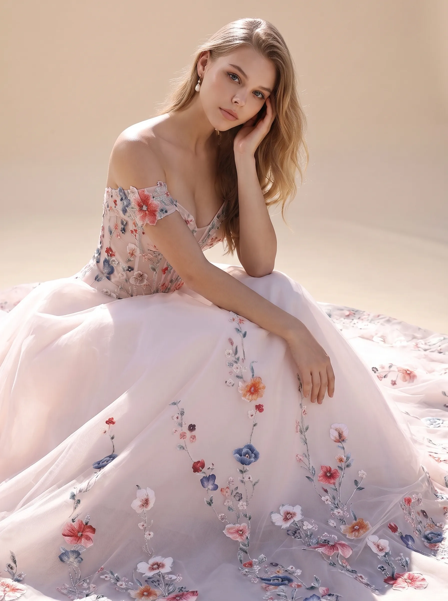 Couture Lee Colorful Lace Wedding Dress With Off-Shoulder Sleeves– Blush Pink Elegant Bridal Gown
