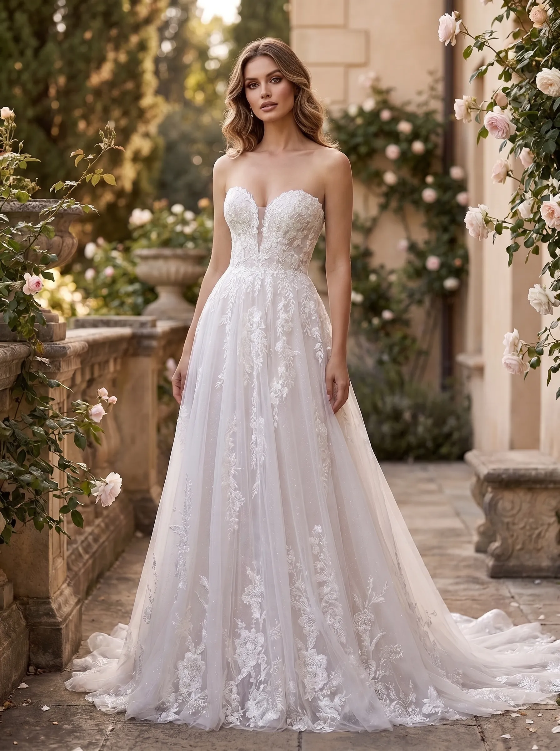 Couture Lee Floral Lace A-line Wedding Gown With Illusion Plunge Bodice & Strapless V-neck