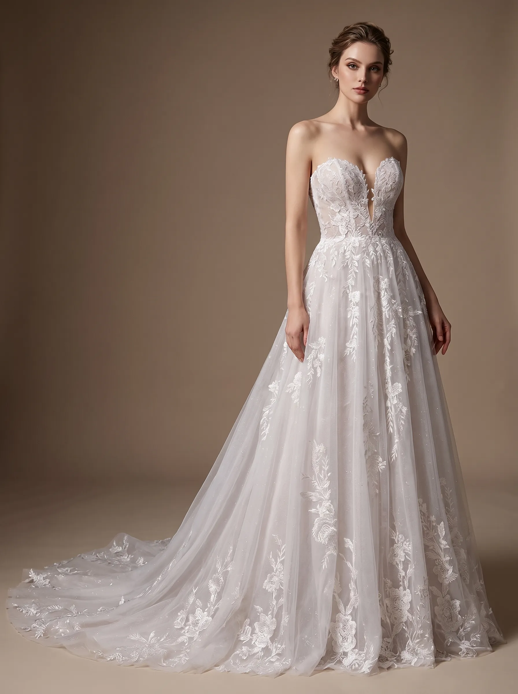 Couture Lee Floral Lace A-line Wedding Gown With Illusion Plunge Bodice & Strapless V-neck