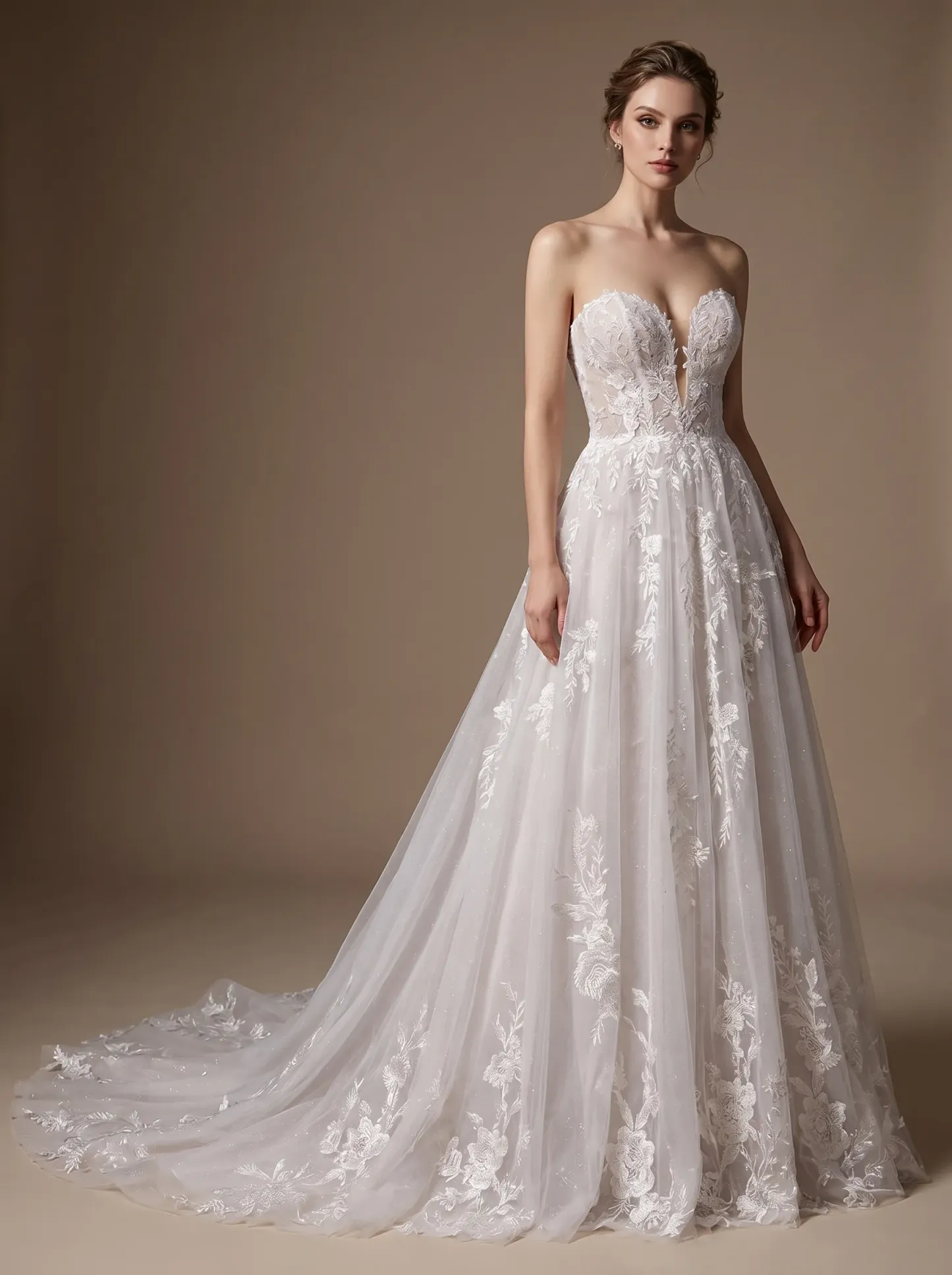 Couture Lee Floral Lace A-line Wedding Gown With Illusion Plunge Bodice & Strapless V-neck