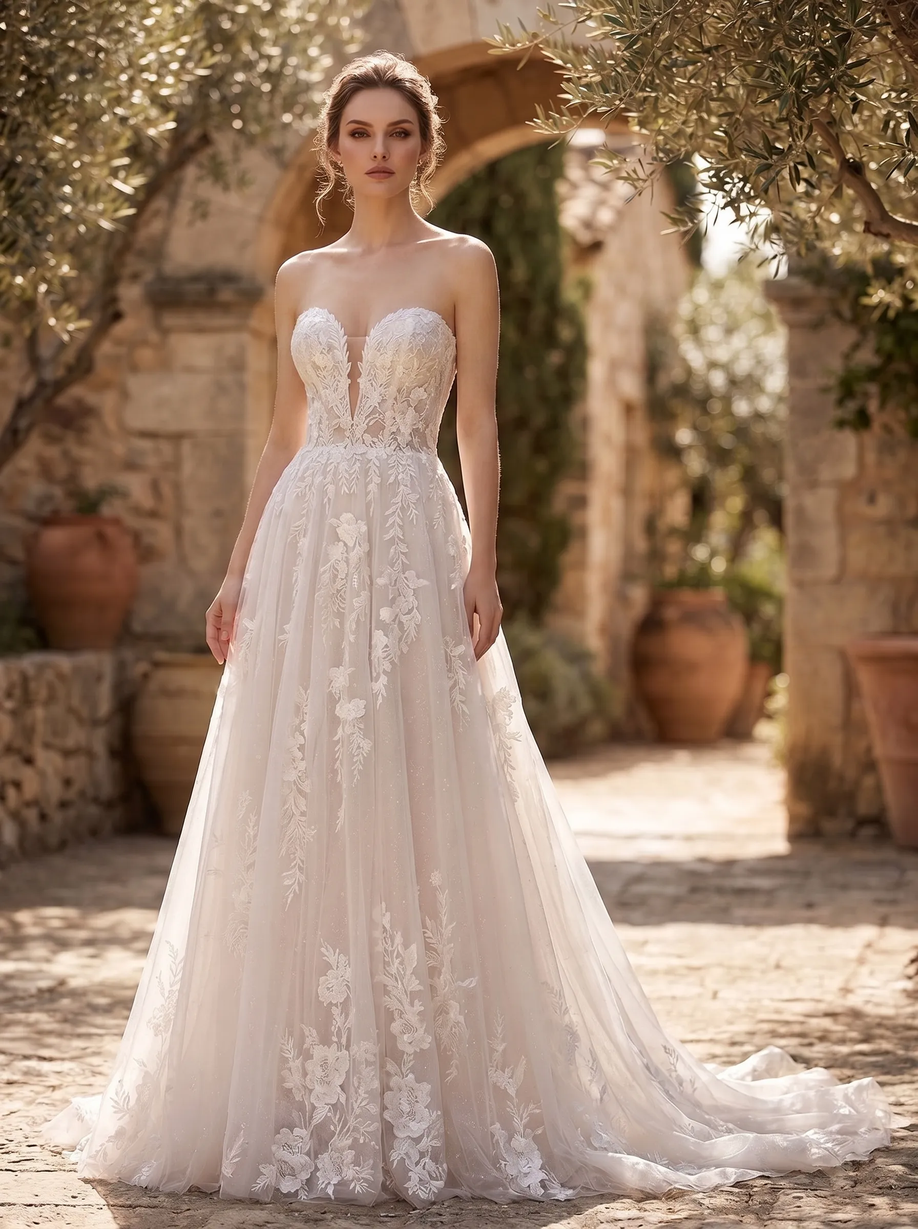 Couture Lee Floral Lace A-line Wedding Gown With Illusion Plunge Bodice & Strapless V-neck