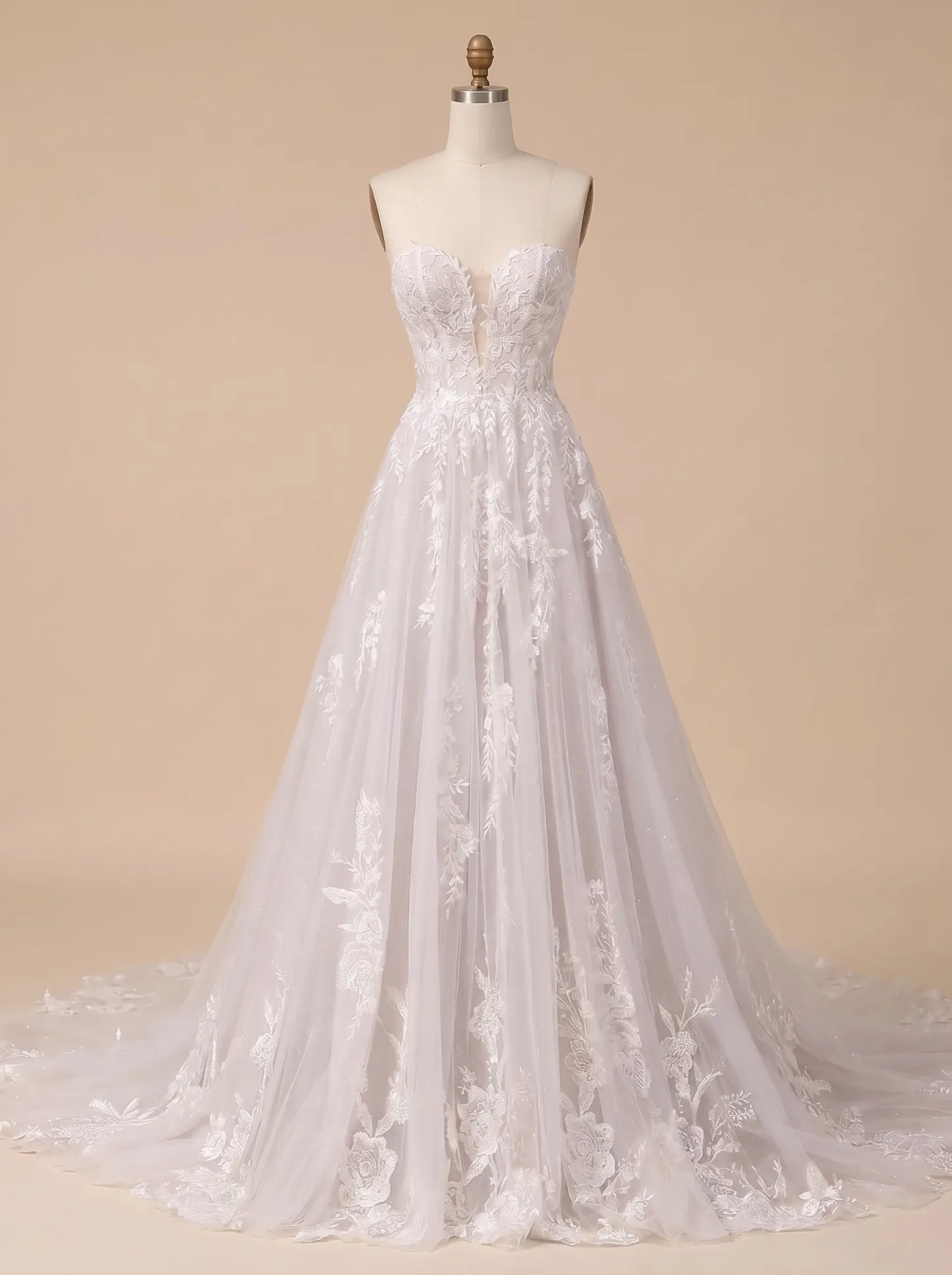Couture Lee Floral Lace A-line Wedding Gown With Illusion Plunge Bodice & Strapless V-neck