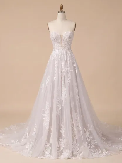 Couture Lee Floral Lace A-line Wedding Gown With Illusion Plunge Bodice & Strapless V-neck